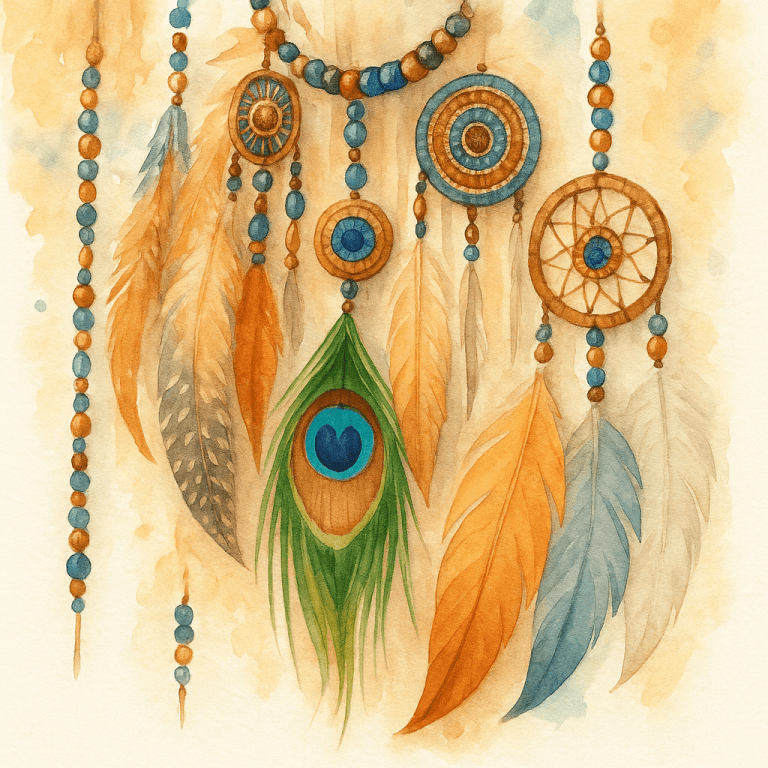 Bead culture, náhrdelník s peříčky a korálky, dárky z korálků a přírodní motivy, vůně přírody a boho styl, handmade šperky a dekorace, vodovákový ilustrace s přírodním designem.