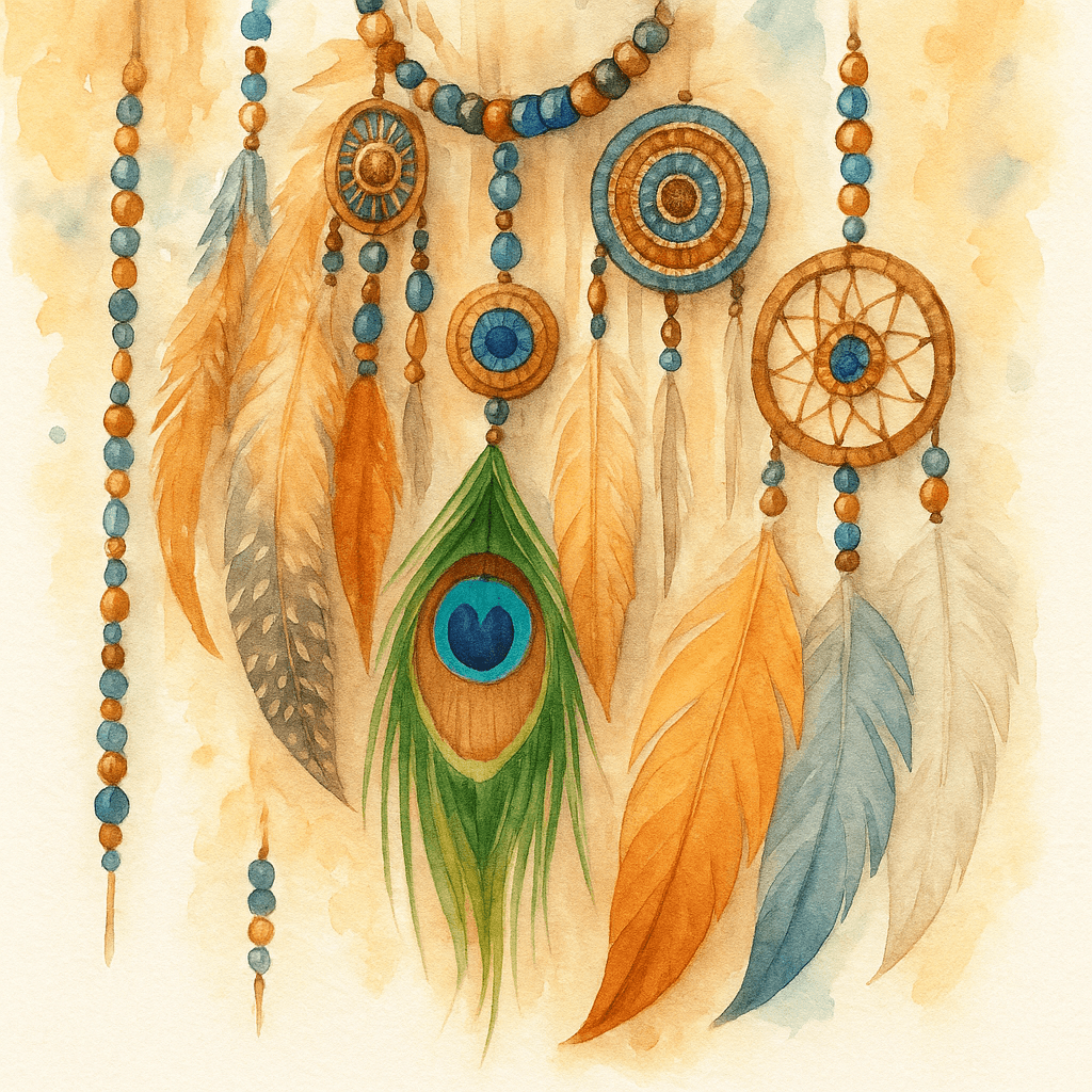 Bead culture, náhrdelník s peříčky a korálky, dárky z korálků a přírodní motivy, vůně přírody a boho styl, handmade šperky a dekorace, vodovákový ilustrace s přírodním designem.