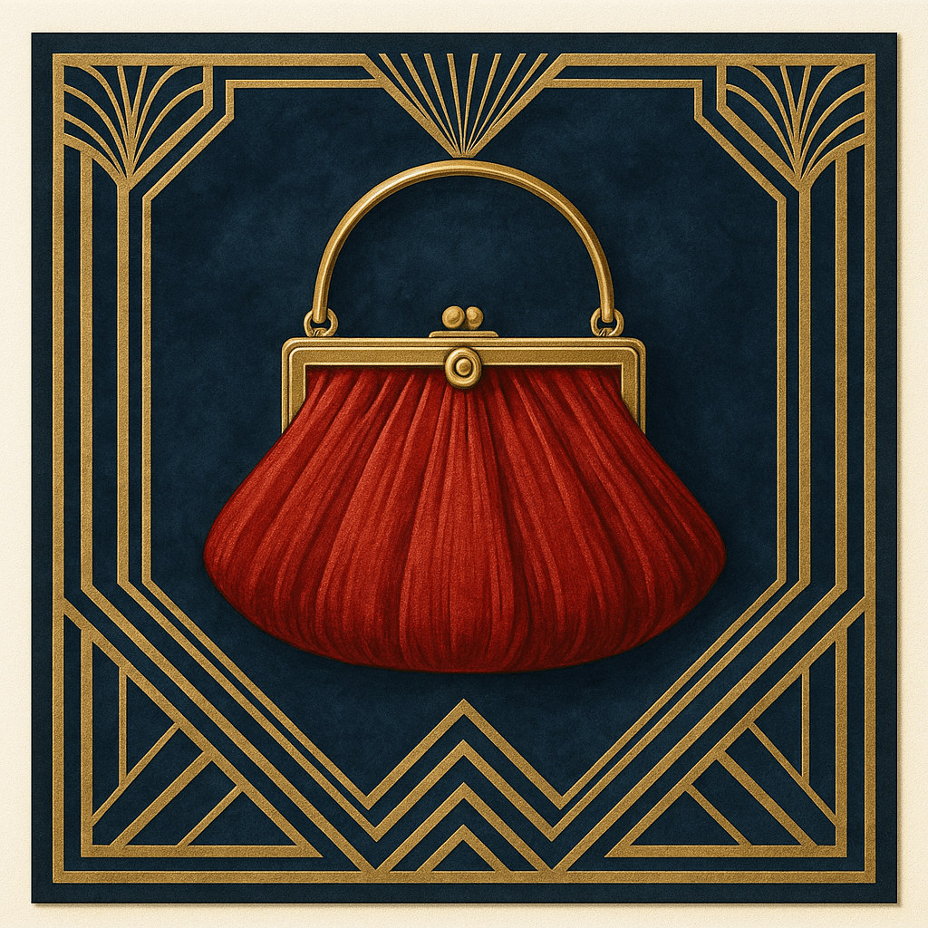 Art deco ilustrace červené vintage kabelky se zlatým rámem a madlem. Kabelka je zasazená do geometrického rámečku v inkoustově modré a zlaté kombinaci, zdobeného vějířovitými motivy typickými pro styl 20. let.