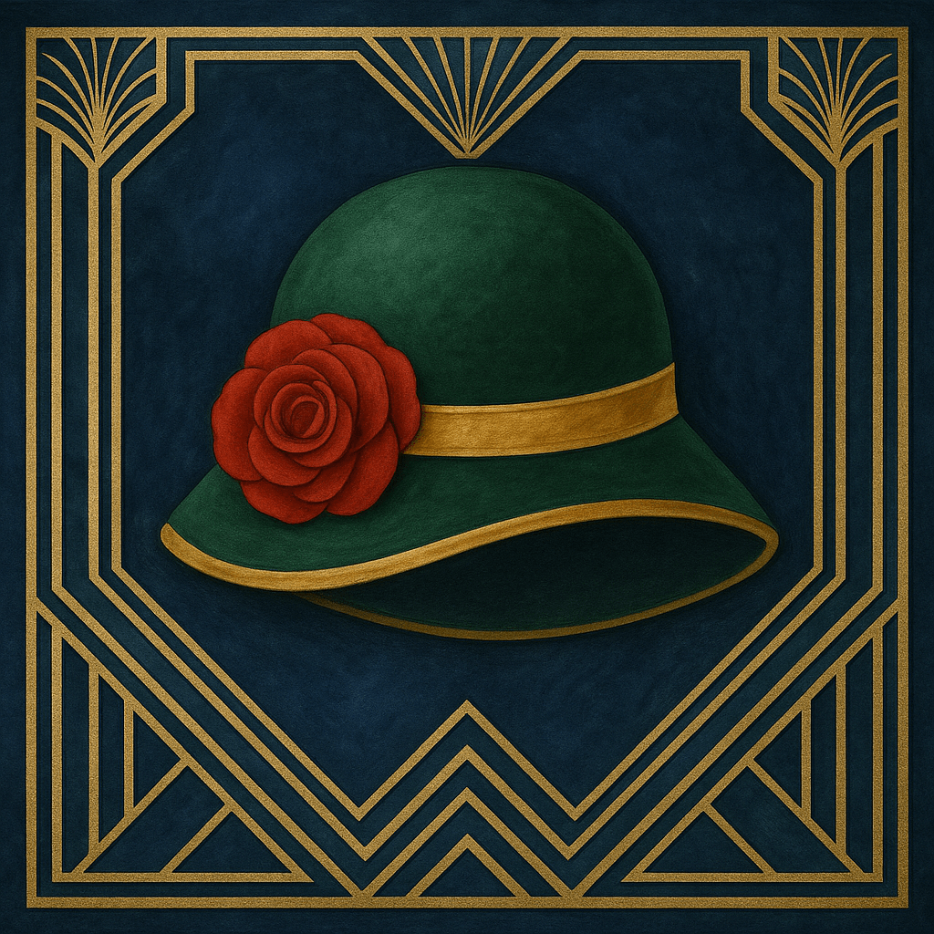 Art deco ilustrace zeleného klobouku cloche se zlatou stuhou a červenou růží. Klobouk je orámován geometrickým zlatým dekorem na tmavě modrém pozadí, v elegantním stylu 20. let.