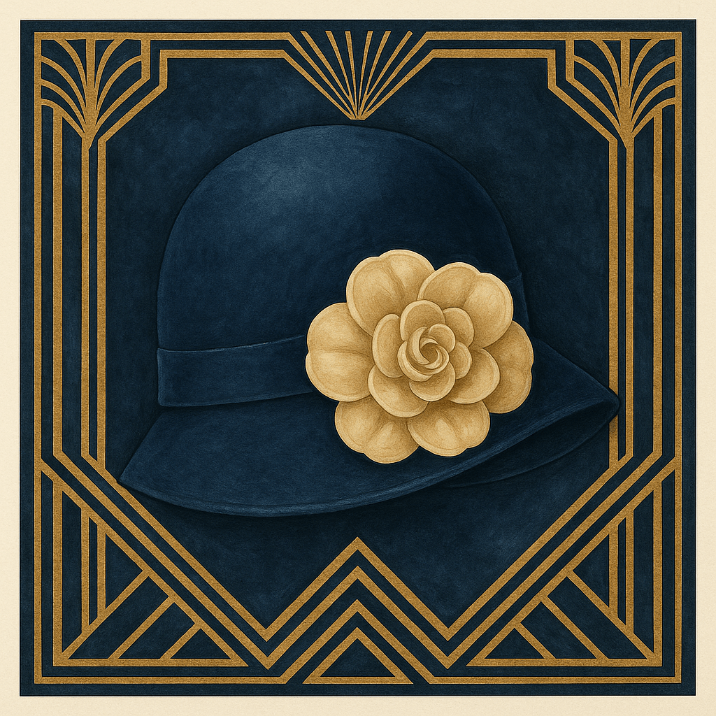 Art deco ilustrace tmavě modrého klobouku cloche se zlatou stuhou a velkou květinou po straně. Klobouk je orámován geometrickým rámem v odstínu zlaté na tmavě modrém pozadí, v elegantním stylu 20. let.