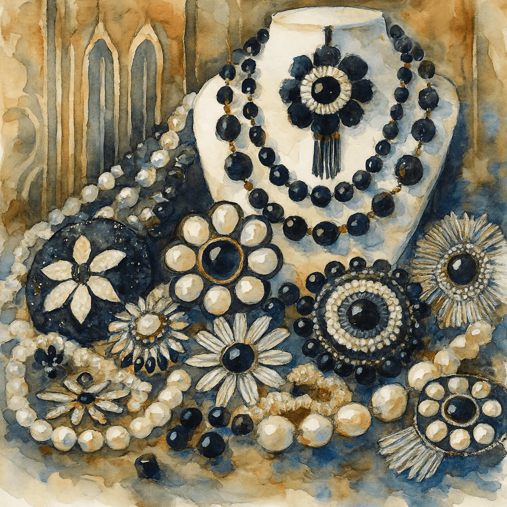 Akvarel art deco šperků v černobílé kombinaci – perlové náhrdelníky, brože a květinové motivy vystavené na stojanu ve flapper stylu 20. let.