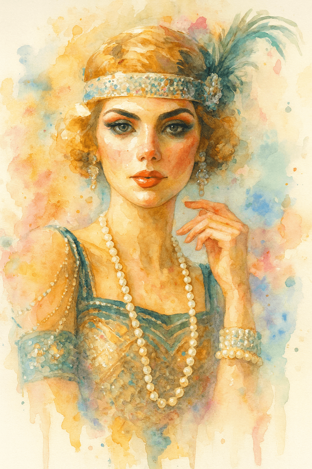 Akvarelový flapper portrét s perlami a čelenkou – flapper styl, art deco šperky