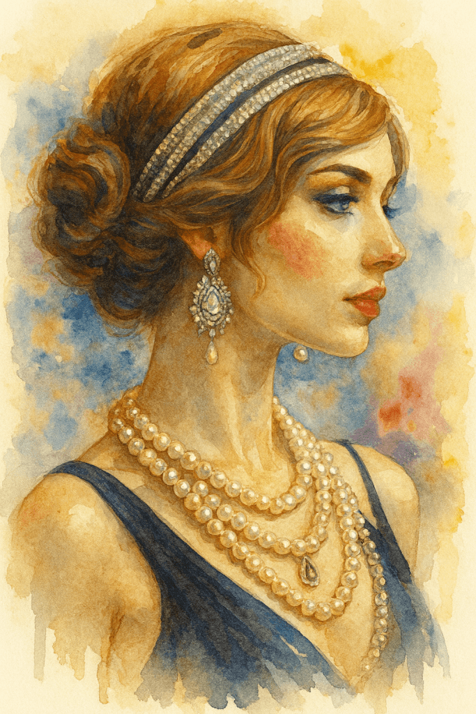 Akvarelový portrét elegantní ženy ve stylu 20. let s perlami, třpytivou čelenkou a výraznými náušnicemi, jemně impresionistické provedení s barevným abstraktním pozadím.