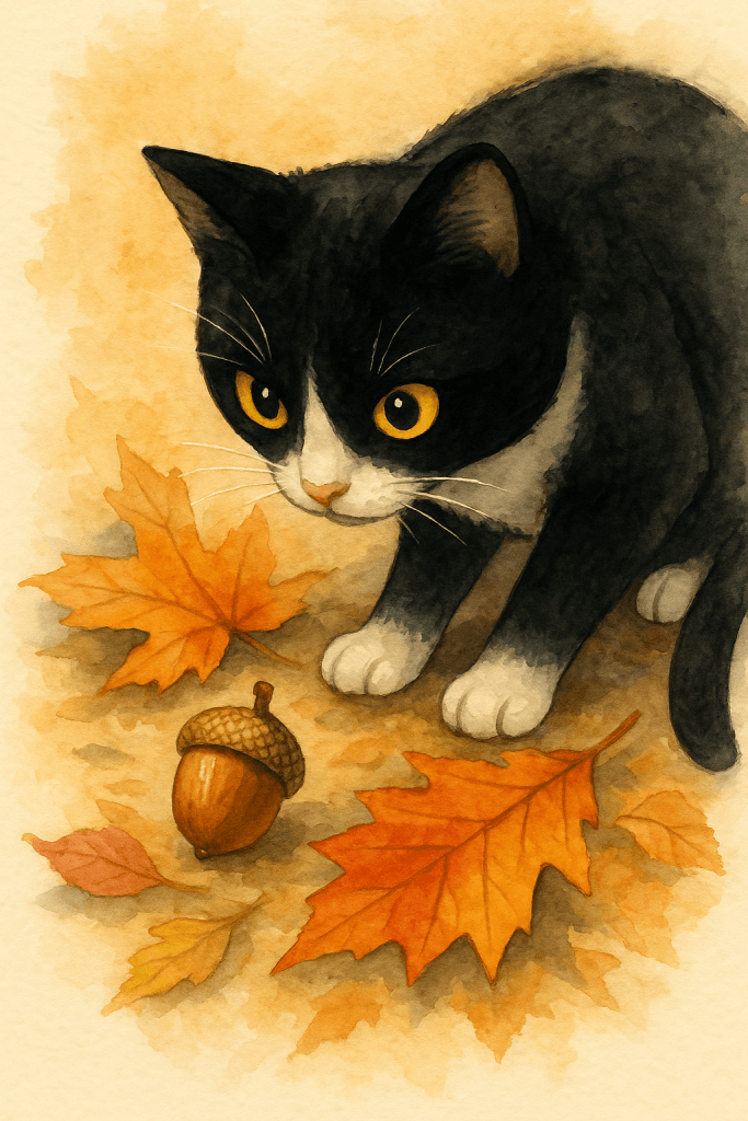 Kudrnatý černobílý kočka s žlutýma očima, pobíhá mezi podzimními listy a žaludy, fotografie ve stylu akvarelu, ideální pro téma podzim a zvířata, inspirováno tématem Bead Culture.