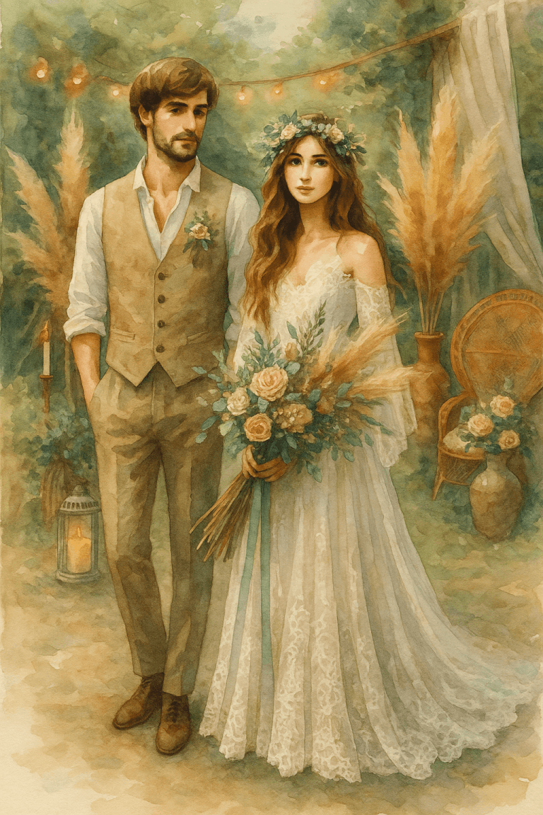 boho-svatba-akvarel-par-v-prirode