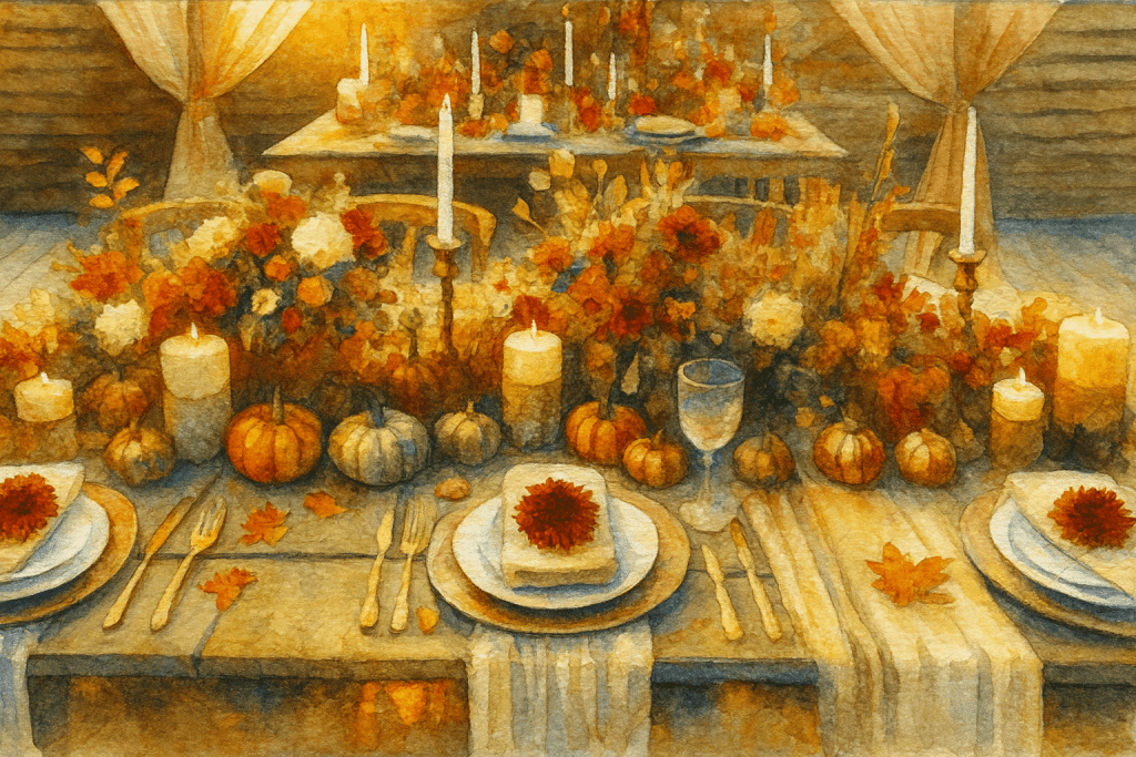 Akvarelová ilustrace – podzimní svatba boho ve venkovském stylu. Elegantně prostřený svatební stůl zdobený dýněmi, svíčkami a květinami v teplých odstínech oranžové a zlaté, ideální inspirace pro rustikální svatbu v přírodě.