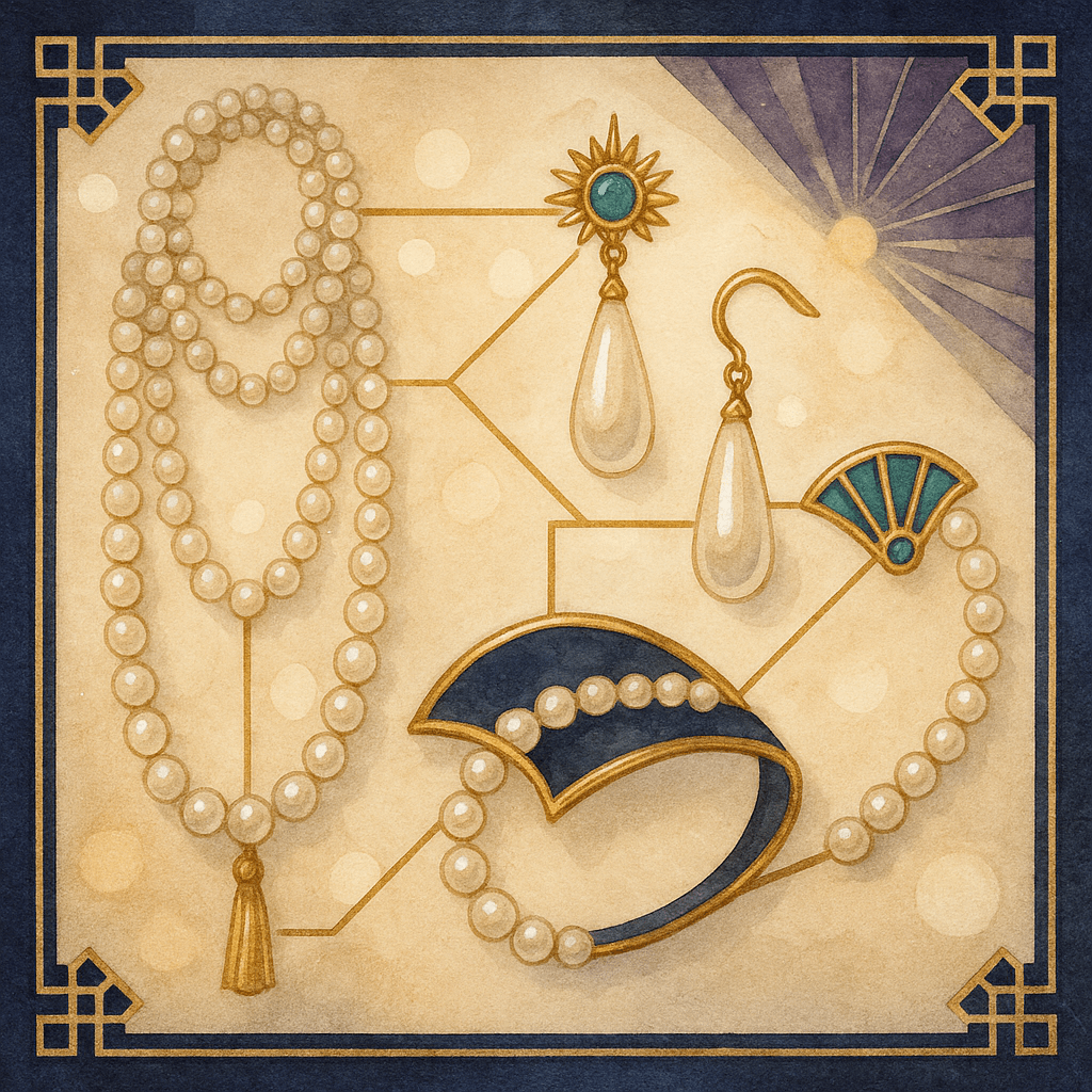 Akvarelová Art Deco ilustrace flapper šperků – vrstvený perlový sautoir s třásní, visací náušnice ve tvaru kapky se sluneční ozdobou, zlatý náramek s perlami a smaltovaný vějířový motiv, doplněné perlovým náramkem. Pozadí s inkoustově modrým rámem, zlatými liniemi a stylizovanými paprsky.