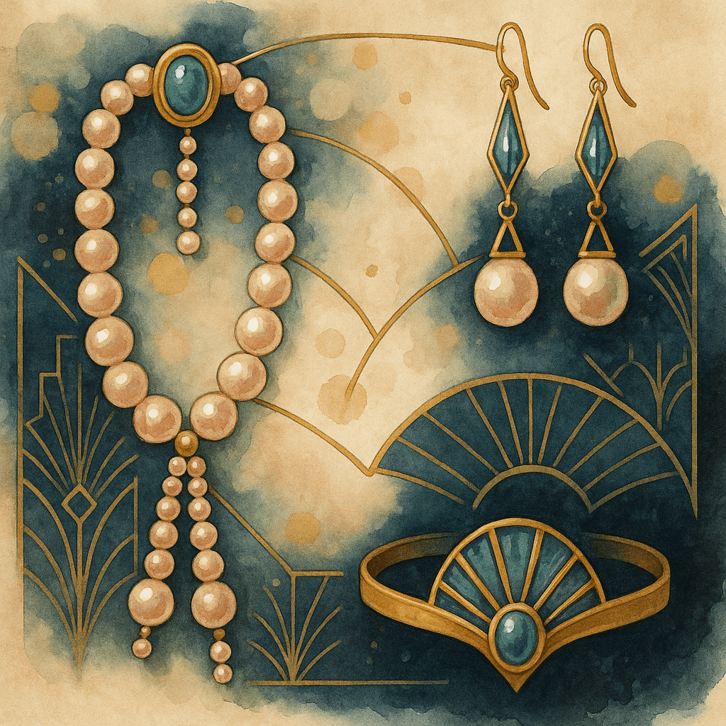 Akvarelová Art Deco ilustrace flapper šperků – dlouhý perlový sautoir náhrdelník, visací náušnice s geometrickými smaragdově zelenými prvky a perlami, zlatý náramek s vějířovým motivem a tyrkysovým kamenem. Pozadí v inkoustově modré a šampaňské s art deco ornamenty.