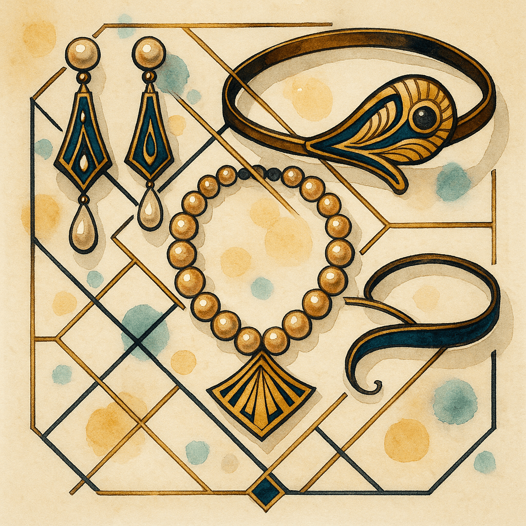 Art Deco akvarelová ilustrace flapper šperků – geometrické visací náušnice s perlami, perlový náhrdelník s vějířovým přívěskem, zlatý náramek s motivem pštrosího pera a stylizovaný kovový cuff. Béžové pozadí se zlatými liniemi a akcenty v inkoustově modré a smaltově švestkové.