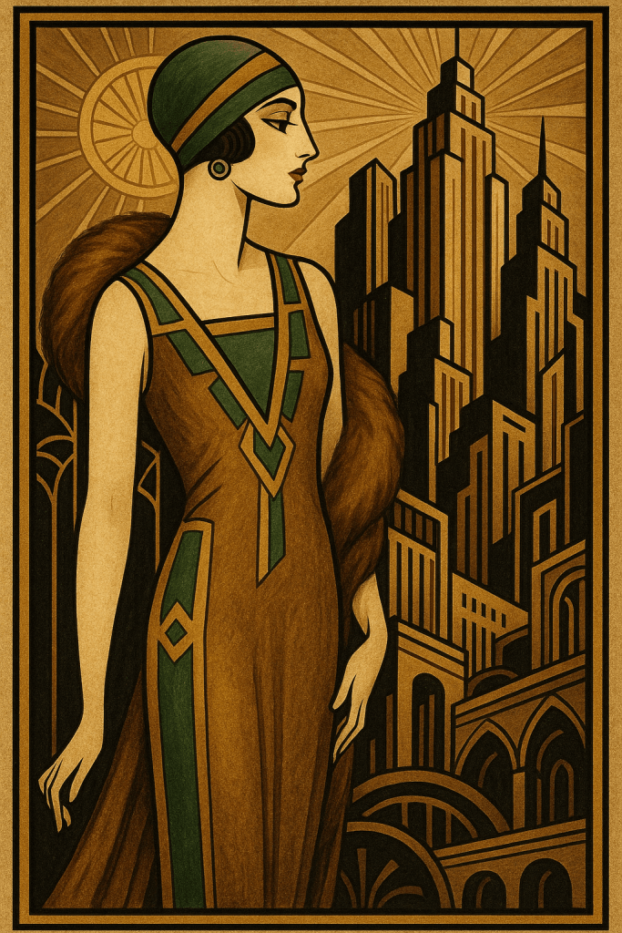 Art Deco ilustrace flapper ženy v zeleno-hnědých šatech s kožešinovým šálem a kloboukem, stojící před geometrickým panoramatem mrakodrapů. Zlatohnědé a smaragdové tóny, stylizované paprsky slunce a architektonické detaily evokují atmosféru 20. let.