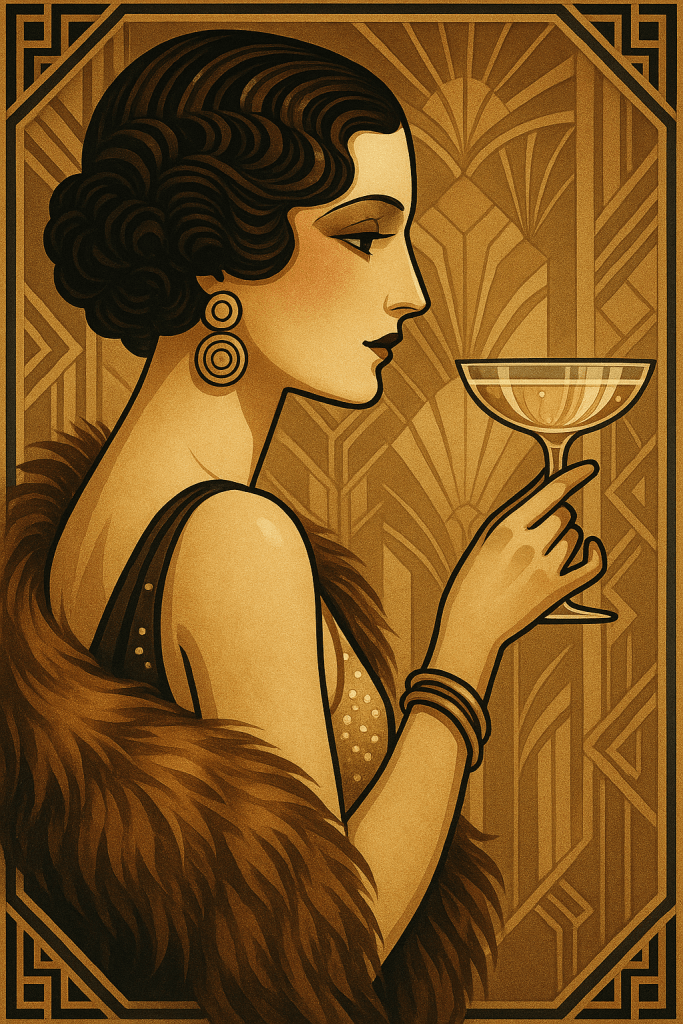 Art Deco ilustrace flapper ženy v profilu – krátce vlnité vlasy, kruhové náušnice, kožešinový šál a perlivý drink ve sklence. Geometrické pozadí v odstínech zlaté a bronzové evokuje luxusní atmosféru 20. let.