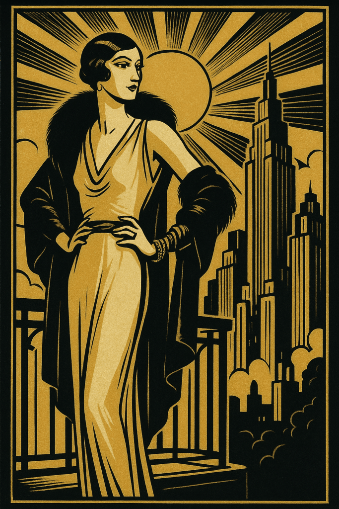 Stylizovaná Art Deco ilustrace – elegantní flapper žena ve zlatých šatech s kožešinovým pláštěm, stojící před panoramatem města a vycházejícím sluncem s paprsky. Geometrické tvary a kontrastní černozlatá barevnost připomínají plakát z 20. let.