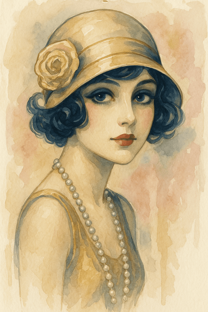 Akvarelový portrét mladé flapper dívky z 20. let s tmavými vlnitými vlasy, béžovým kloboukem zdobeným květinou, perlami kolem krku a jemným retro líčením. Stylizováno v secesně-art deco estetice.