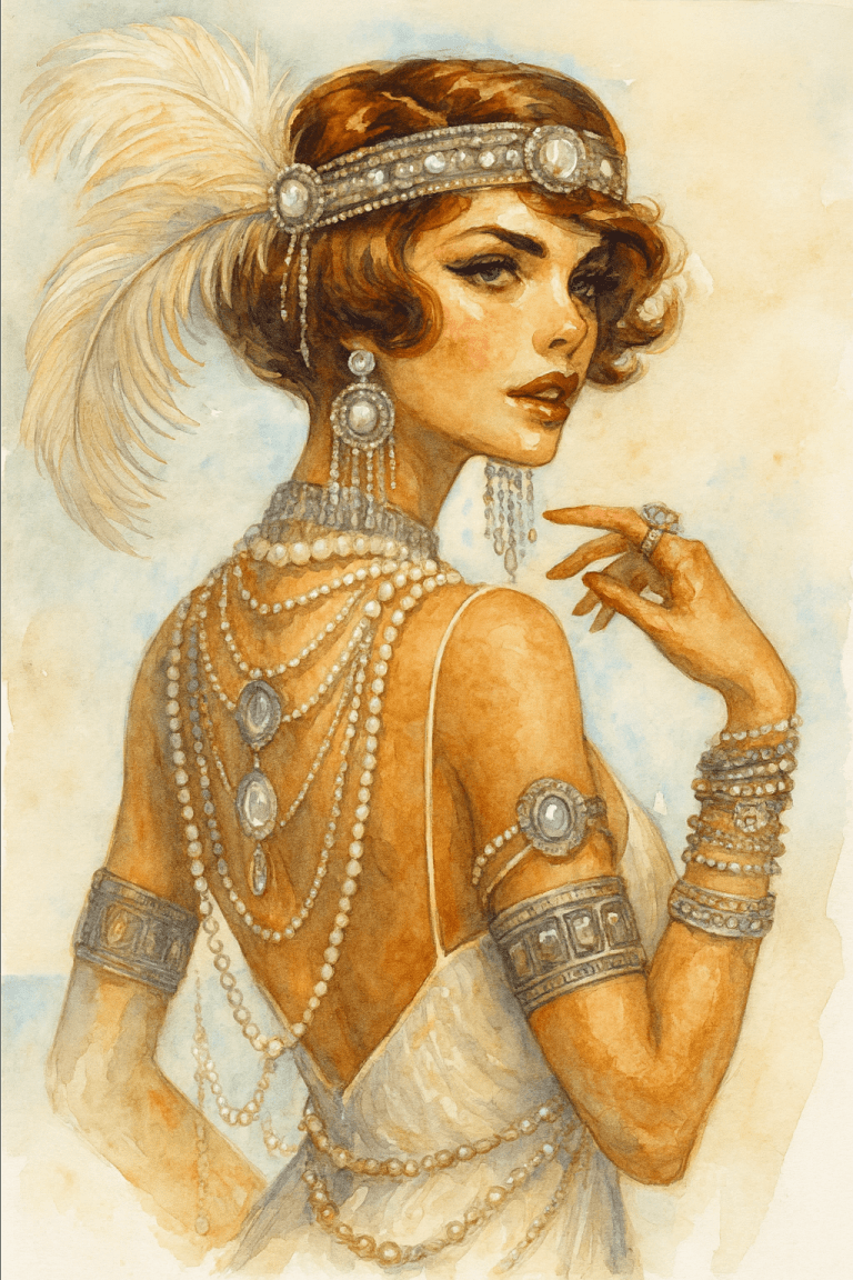 Elegantní žena ve vintage šatech zdobená perlovými šperky, extravagantní čelenkou s peřím, stylová ilustrace inspirovaná glamour stylem.