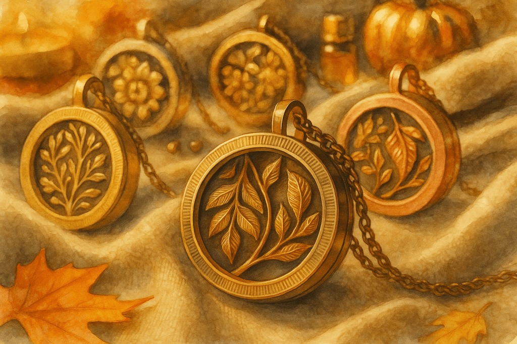 Oděvní doplňky, náhrdelníky s listovým motivem, dřevěné šperky, podzimní móda, autumn accessories.