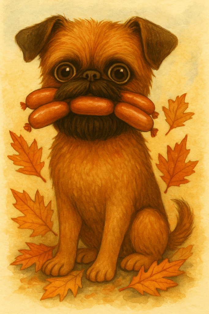 Rozumbradá pes s větvičkou klobás v tlamě, podzimní listy, umělecký akvarelový styl, ručně kreslené, zábavný a roztomilý motiv pro výrobu šperků a dekorací.