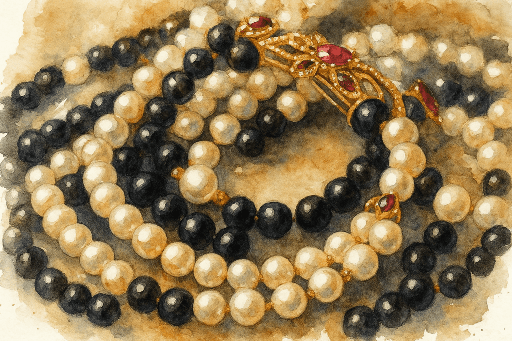 perlovy-nahrdelnik-cerno-bily-zlato-rubiny-akvarel