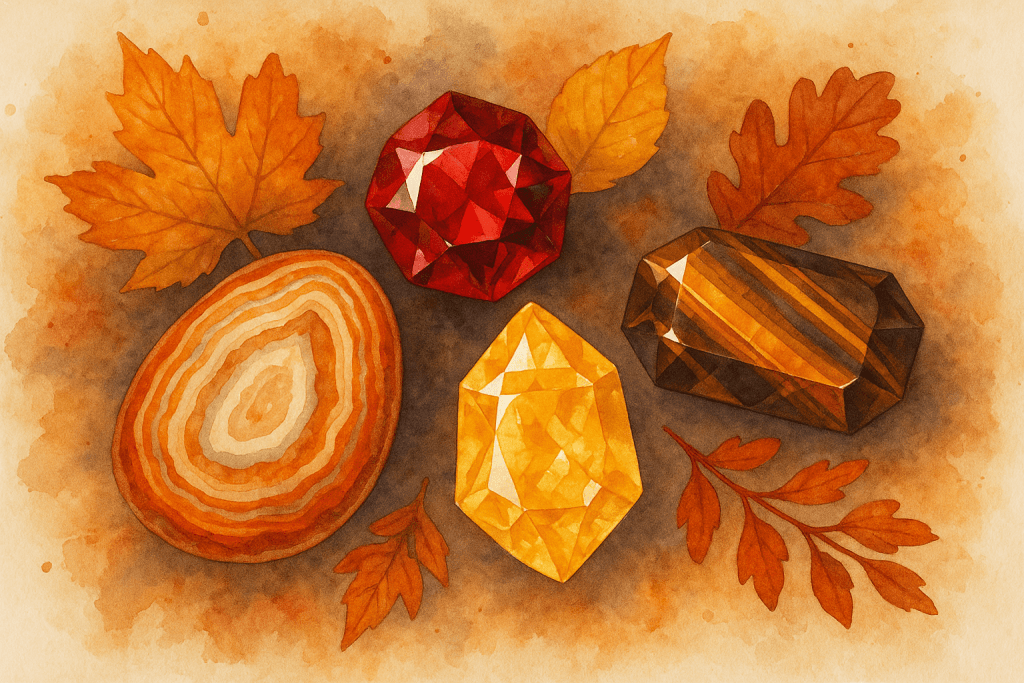 Barevné minerály Achát, granát, citrín a tygří oko na podzimní tématické fotografii.