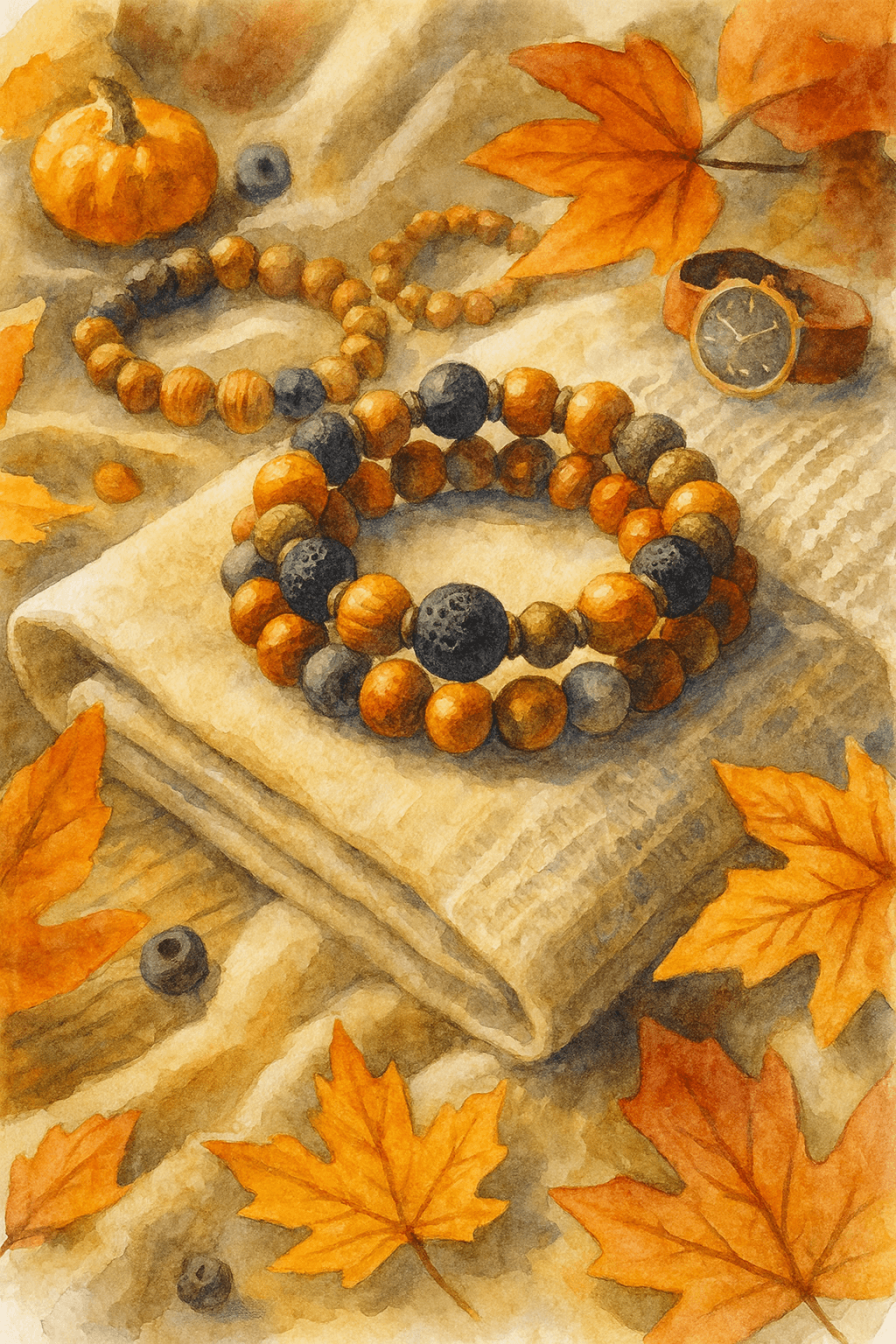 Přírodní korálky a náušnice na podzimní látce s listy a hodinkami, bead kultura.