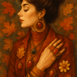 Akvarelový portrét ženy v retro podzimních tónech s bohatými etnickými šperky – velké kruhové náušnice, prsteny s barevnými kameny, vrstvené náramky a brož ve tvaru květiny, obklopená oranžovo-hnědým listím.