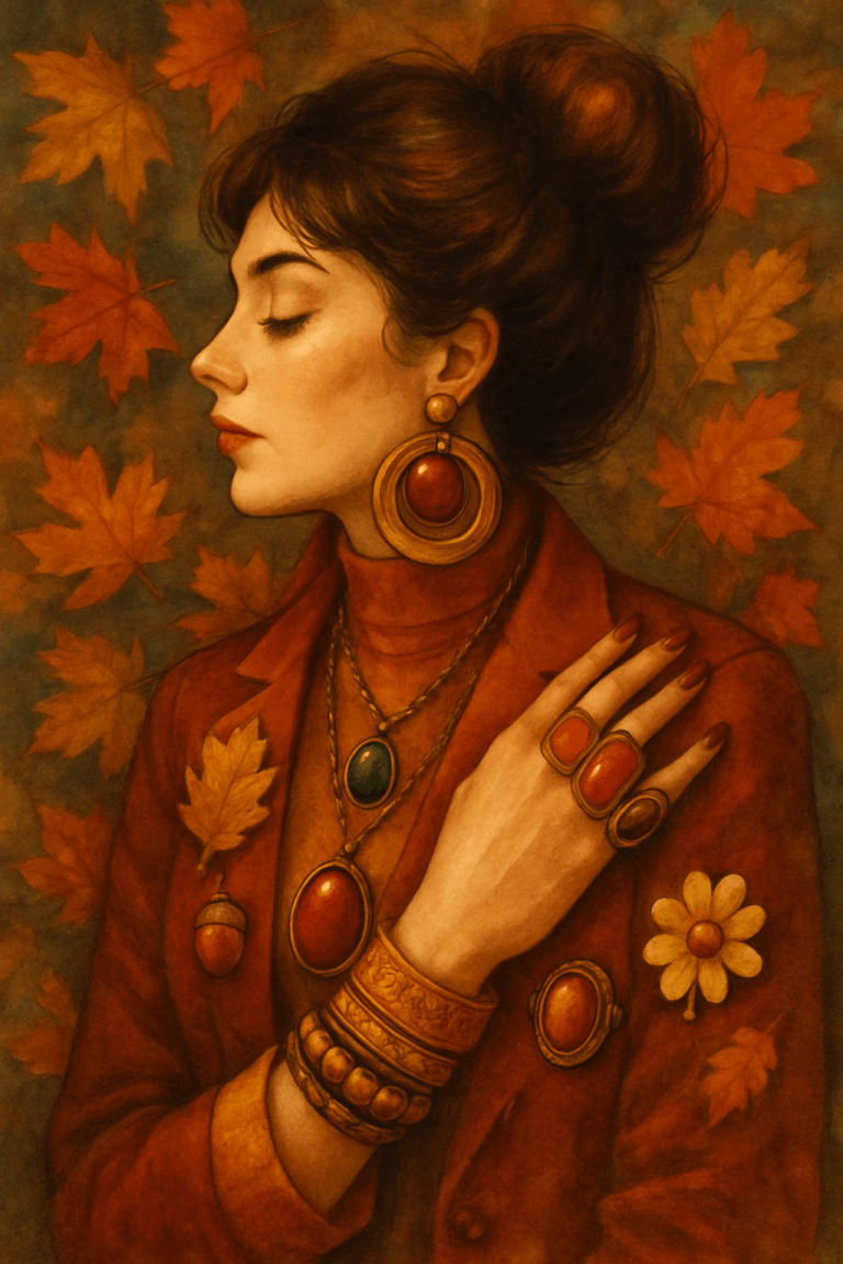 Akvarelový portrét ženy v retro podzimních tónech s bohatými etnickými šperky – velké kruhové náušnice, prsteny s barevnými kameny, vrstvené náramky a brož ve tvaru květiny, obklopená oranžovo-hnědým listím.