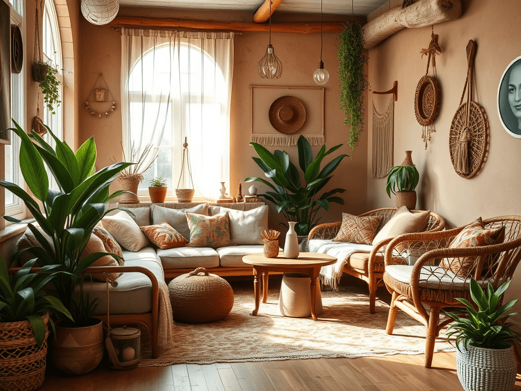 Relaxační design v boho stylu s přírodními materiály, huňatými polštáři a zelenými rostlinami, ideální pro kreativní šperky a korálky, inspirující prostředí pro tvorbu a relaxaci.