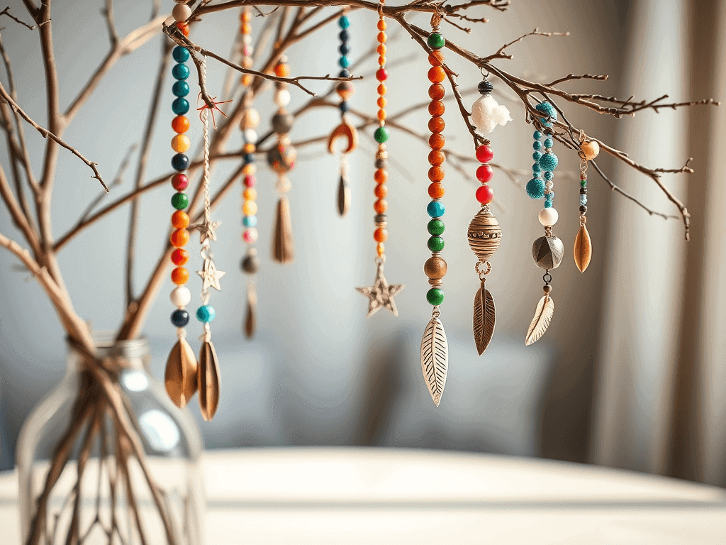 Barevné řetězce z korálků na větvi v interiéru, ručně vyráběné šperky, náramky a ozdoby z korálků, dekorace pro domácnost, originální dárek, Bead Culture.