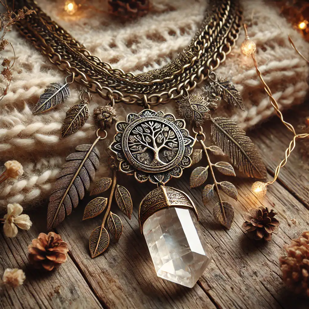 Stříbrný náhrdelník s přívěskem strom života a kamenným křemenem, detailní šperky s listovými motivy na dřevěném podkladu, boho styl, vintage doplňky, originální náhrdelníky od Bead Culture.