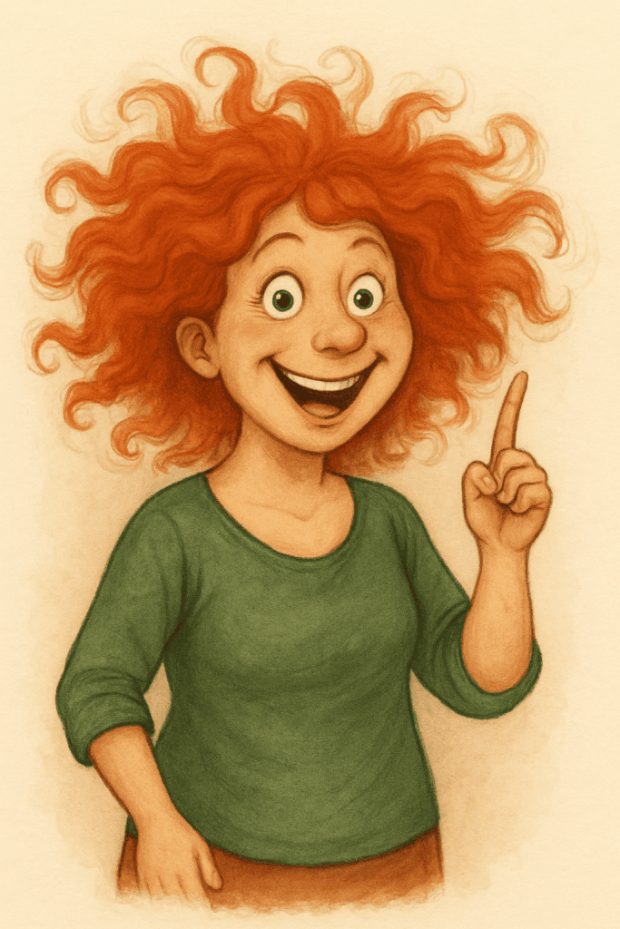 Barevná ilustrace radostné postavy s pestrými červenými kudrnatými vlasy, zeleným tričkem a výrazy plnými radosti a nadšení. Postava ukazuje na něco s ukazováčkem a působí inspirativně a zábavně. Ideální pro témata kreativního tvoření, světla, inspirace a životního přístupu.