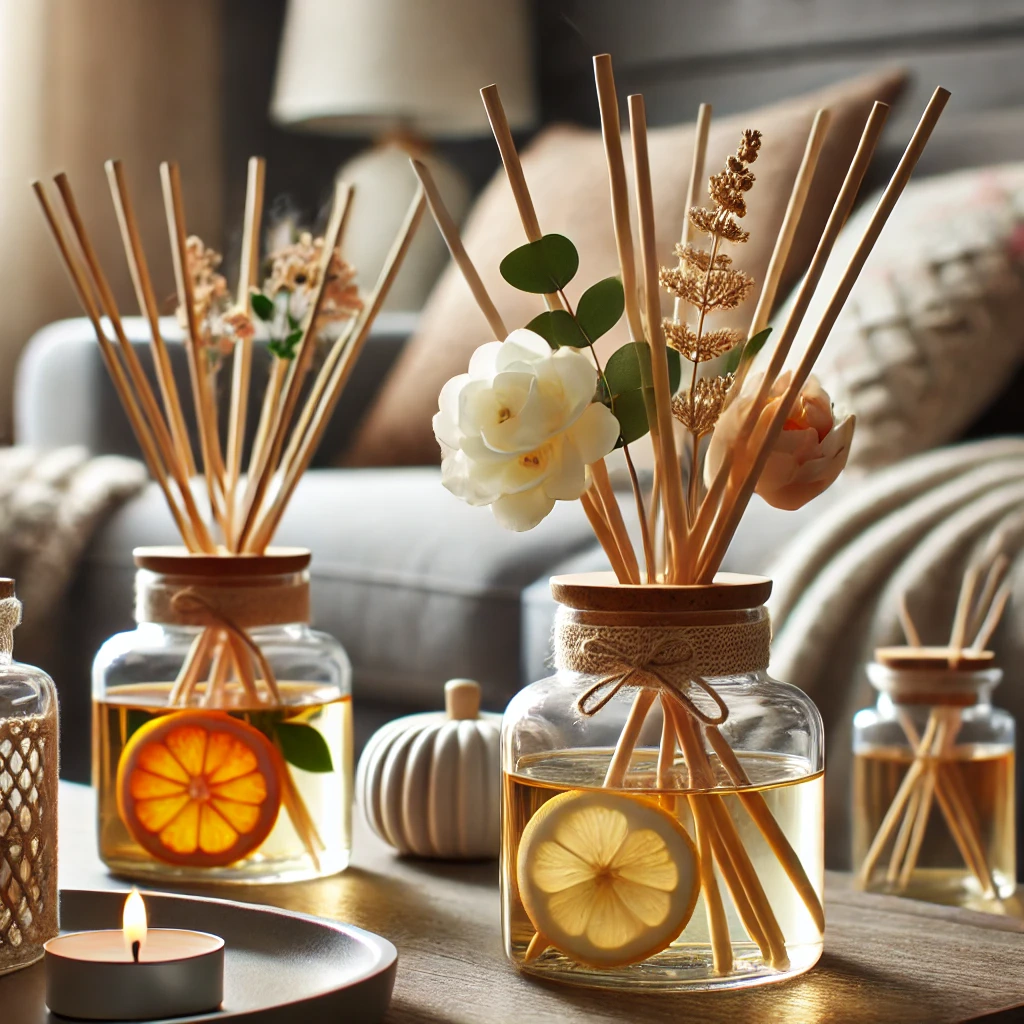 Aromatické difuzéry ve skleněných nádobách, naplněné vonným olejem a bambusovými tyčinkami, zdobené přírodními prvky, jako jsou plovoucí květy nebo plátky citrusů. Difuzéry jsou umístěné v útulném obývacím pokoji, ložnici nebo koupelně, vytvářející uklidňující a elegantní atmosféru.