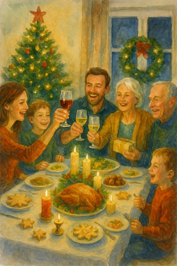 Rodinná vánoční hostina u slavnostně prostřeného stolu; tři generace se smějí, připíjejí si sklenkami a sdílejí radostný večer, na stole hoří svíčky a leží upečená krůta i cukroví, v pozadí stojí ozdobený vánoční stromek a věnec na okně, vytvářející útulnou a slavnostní atmosféru Vánoc.