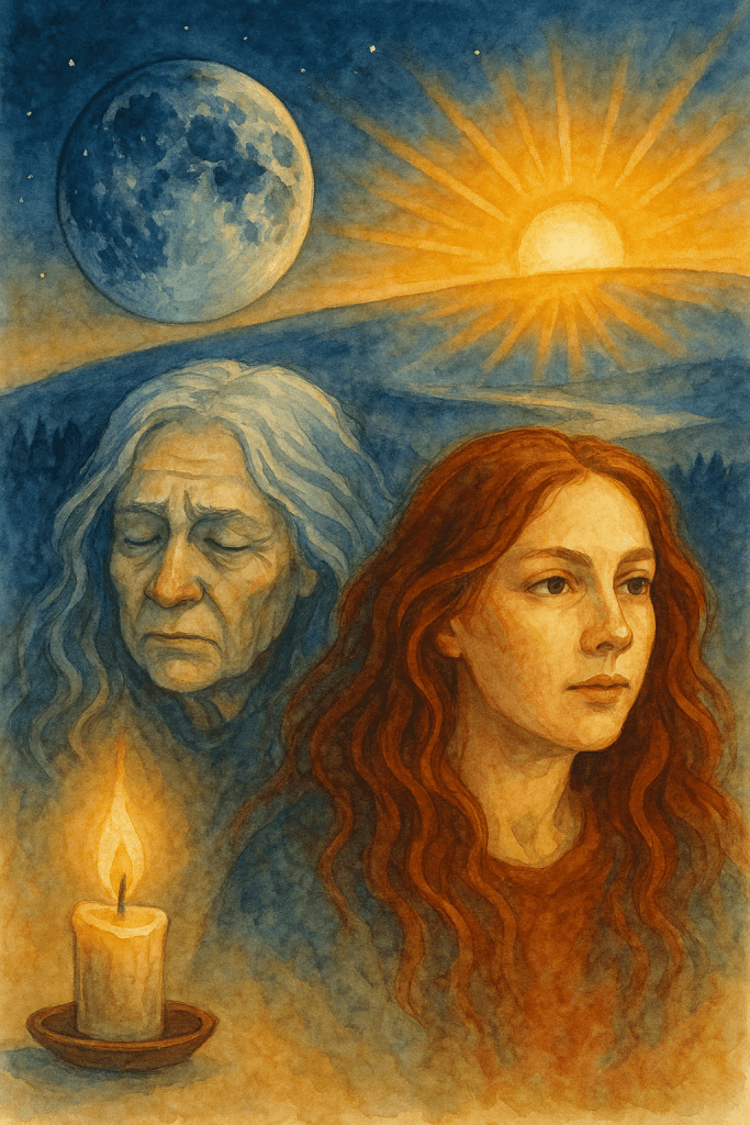 Portrétní ilustrace mladé ženy a staré ženy v jednom kompozici jako symbol životních cyklů; nad nimi vychází slunce a svítí měsíc, dole hoří svíčka, vše laděné do mystických tónů připomínajících proměnu, čas a zimní slunovrat.