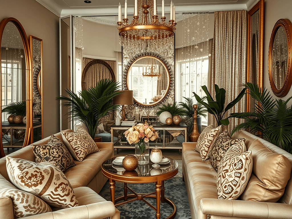 Elegantní obývací pokoj v luxusním stylu se zlatými akcenty. Prostor je laděn do jemných béžových a zlatých tónů, doplněn zrcadly a třpytivými dekoracemi, které vytvářejí sofistikovanou atmosféru. Dominantou místnosti je velký lustr se zlatými detaily a křišťály, které odrážejí světlo. Na obou stranách pokoje jsou pohodlné béžové pohovky s bohatě zdobenými polštáři. Středem prostoru je kulatý zlatý konferenční stolek s květinovou dekorací. Okolí zdobí tropické rostliny, které dodávají nádech svěžesti.