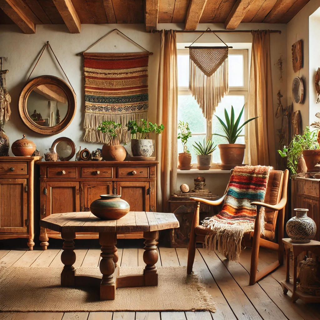 Barevná rustikální místnost s dřevěným nábytkem, keramickými dekoracemi a rostlinami, ideální pro kreativní šperky a řemesla – inspirované tradičním a přírodním stylem Bead Culture.