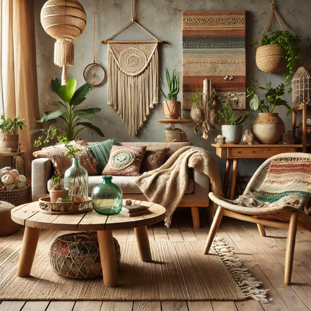 Barevné přírodní dekorace a textilie pro boho styl interiéru v obývacím pokoji.