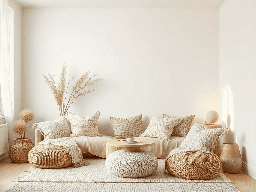 Minimalistický obývací pokoj v přírodních tónech. Prostor je zařízen útulně s pohodlnou pohovkou pokrytou béžovými polštáři a doplněnou přírodními textiliemi. Na zemi jsou měkké pletené pufy a koberec, ladící s dřevěným konferenčním stolkem. Dekorace zahrnují sušené pampové trávy ve váze a jemné osvětlení, které přidává klidnou a harmonickou atmosféru.