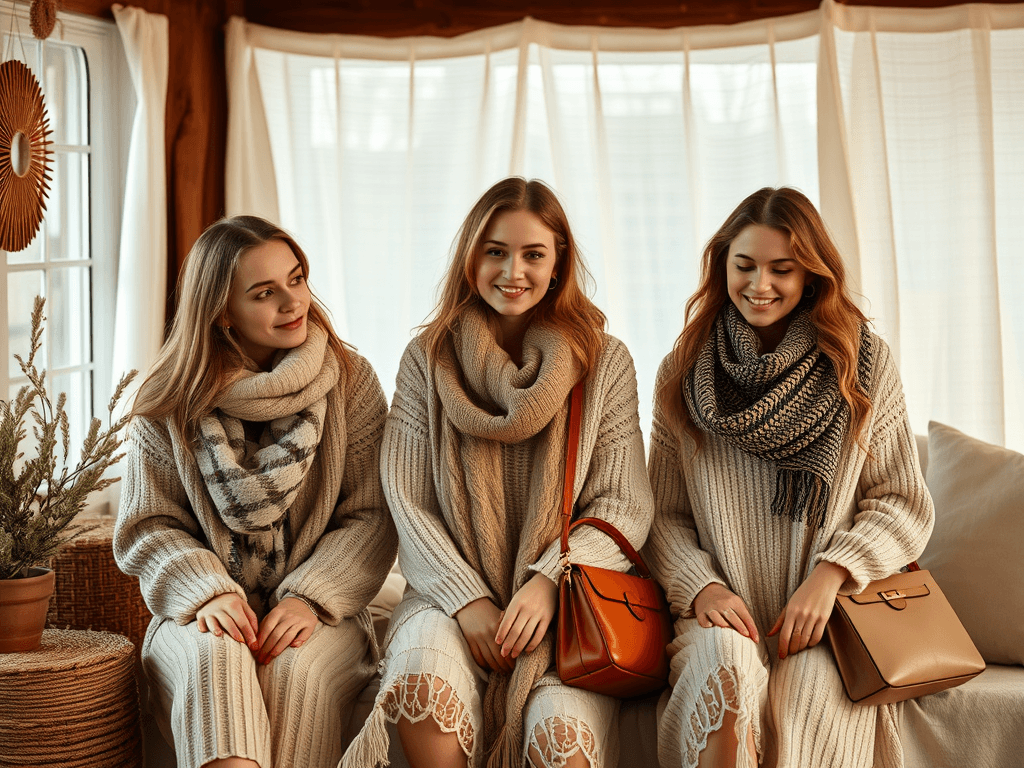 Tři mladé ženy v pohodlných béžových svetrech, dlouhých šatech a šálách, sedící na světlé pohovce v útulném interiéru s přírodním osvětlením. Každá má elegantní kabelku v odstínech hnědé a béžové, která doplňuje harmonický hygge styl.