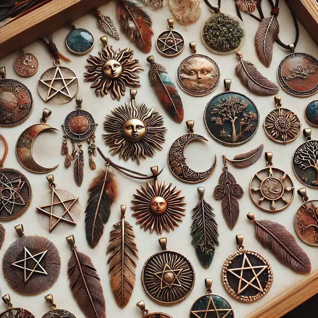 Starověké šperky s mystickými symboly a přírodními motivy, kolekce náhrdelníků a medailonků s kovovými peřím a lunárními motivy pro alternativní a bohémský styl.