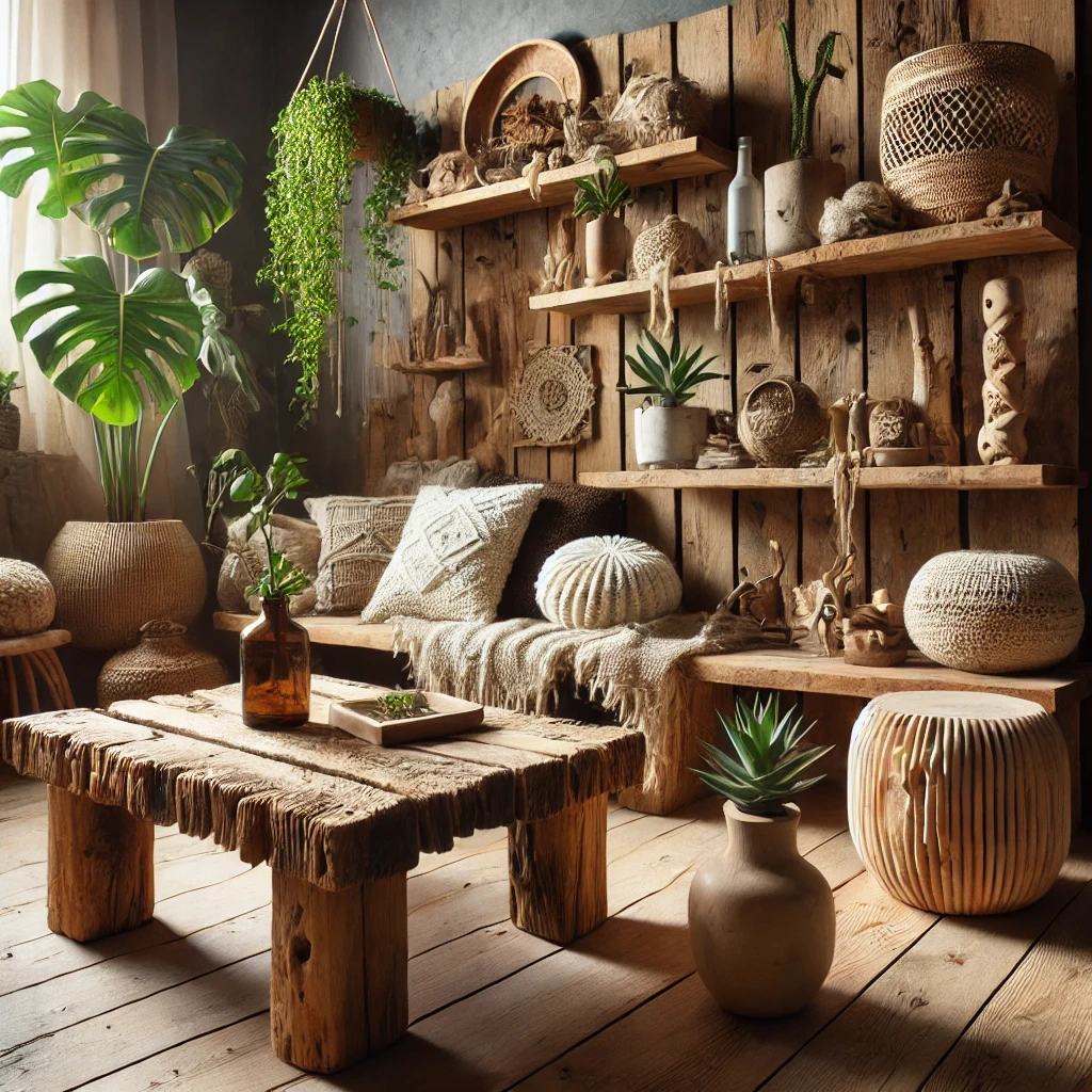 Rustikální dřevěný interiér s přírodními dekoracemi, polštářky a rostlinami, inspirovaný boho stylem, ideální pro relaxaci a relaxační atmosféru, ideální pro domov či kavárnu.