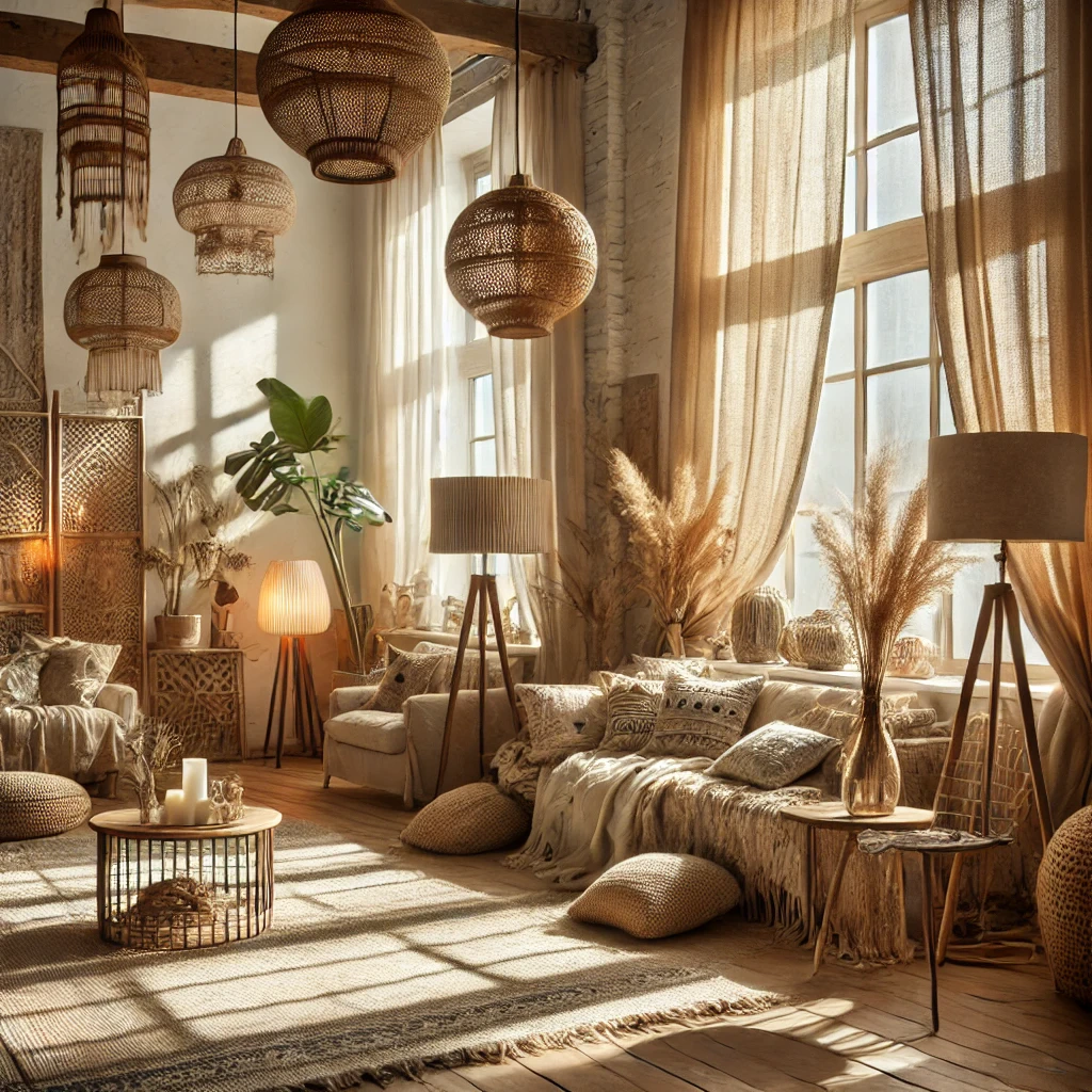 Barevné rustikální obývací pokoj s přírodními prvky a dekoracemi, teplé osvětlení, závěsy z lehkých látek a stylové svítidla, zlaté a béžové tóny, boho a hygge styl, ideální pro inspiraci.