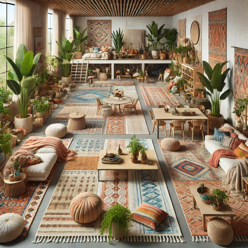 Barevná a útulná obývací pokojová část s koberci, dřevěným nábytkem a rostlinami, ideální pro relaxaci a společenské setkání, vkusně řešené s dekorem z mughulských koberců.
