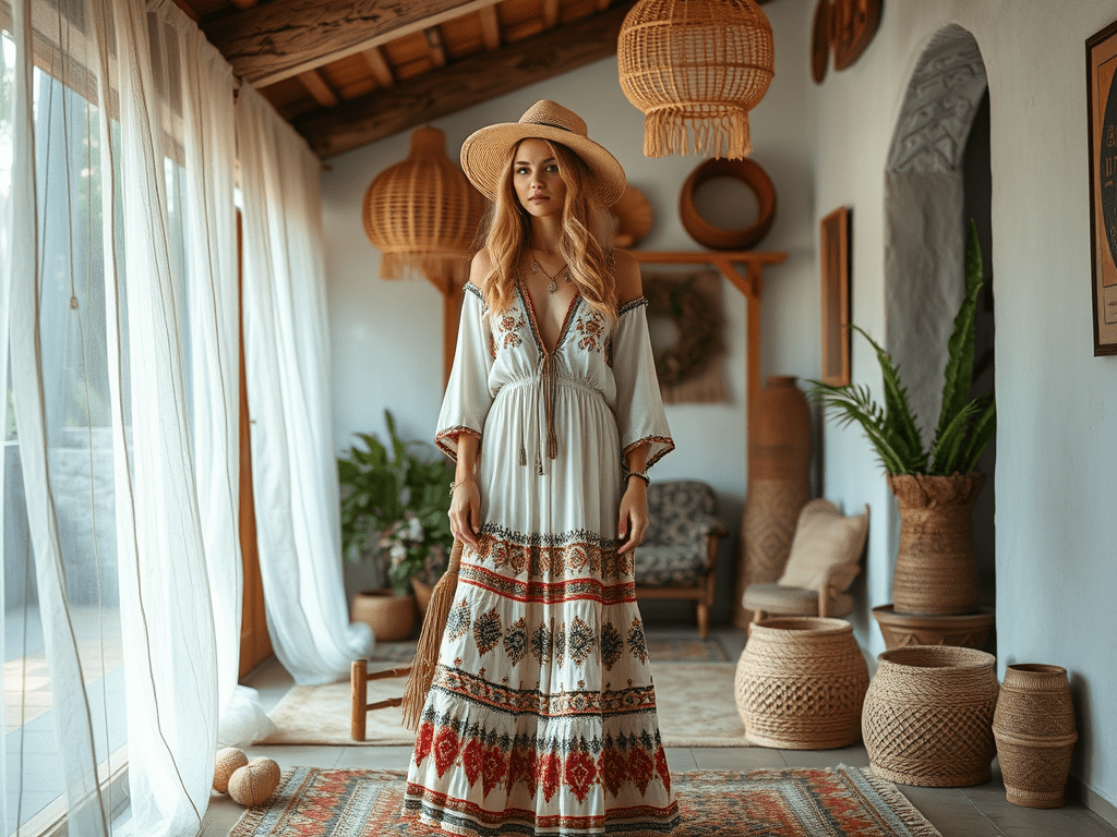 Bead-culture boho šaty s výšivkou a krajkou, letní styl, ženy módní festivalové oblečení, etno vzory, pohodlné letní šaty do pláže, přírodní materiály, vintage styl, bohémský vzhled, ateliér s přírodní dekorací.