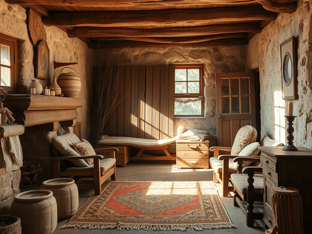 Ruční rustikální obývací pokoj s tradičním dřevěným nábytkem a kamennými stěnami, pohled z vesnického stylu, atmoféra teplého a útulného prostoru s přírodním osvětlením.