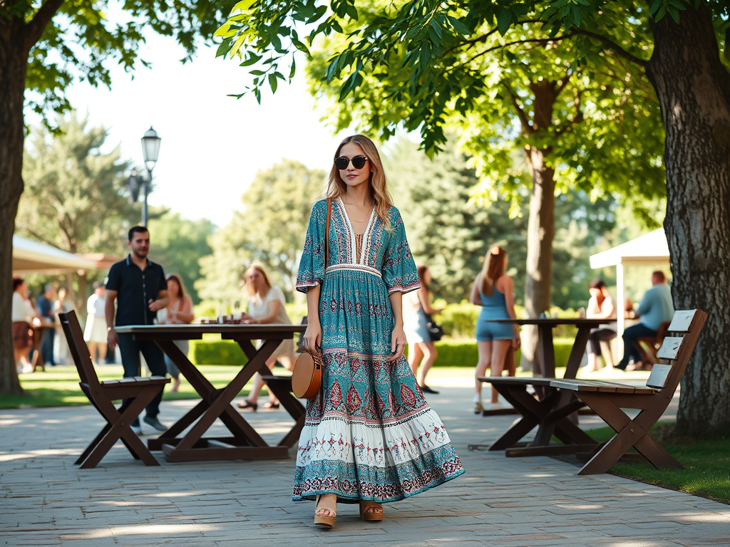 Barevné šaty s etno motivy na procházce v parku, letní oděv pro ženy, módní street style, módní doplňky a elegantní vzhled, sezónní oděvy, Bead Culture.
