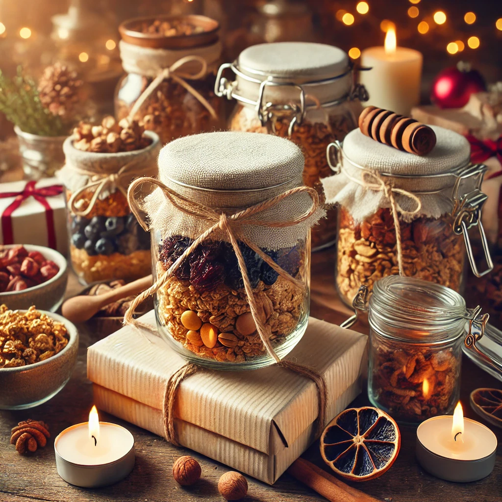 Rozmanité vánoční sklenice s sušeným ovocem a ořechy, teplé osvětlení a svíčky na vánočním stole, ideální pro přípravu domácího snacku a vánoční atmosféru.