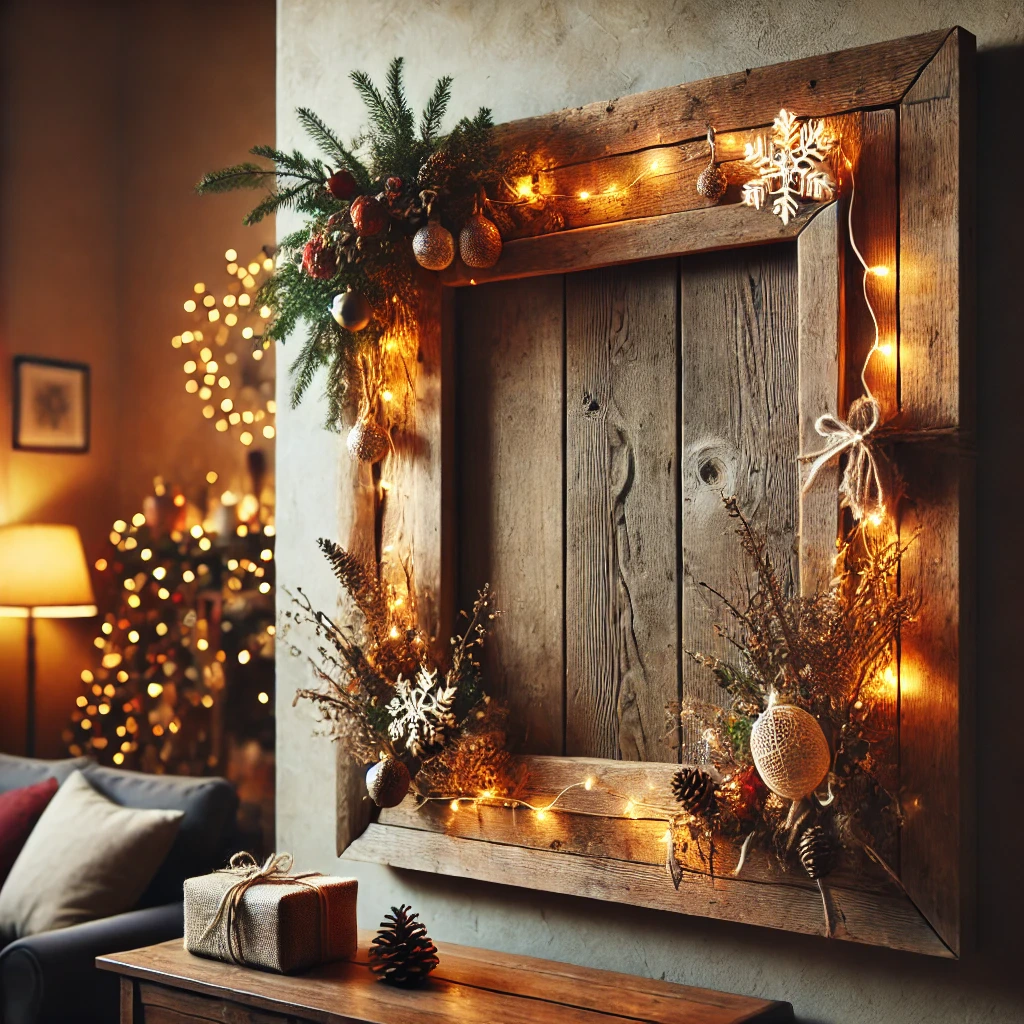 Sváteční vánoční dekorace na dřevěném rámu, vánoční osvětlení a přírodní prvky, zimní atmoféra, rustikální vánoční výzdoba, originální vánoční dekorace pro interiér, Bead Culture.