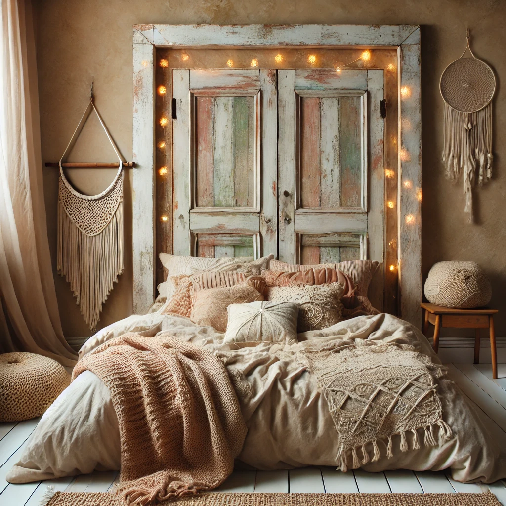 útulná ložnice s makramé dekoracemi a dřevěným nápadem, boho styl, přírodní barvy a textury, ručně vyrobené doplňky, relaxační atmosféra, dekorace s krajkovými a pletenými prvky, boho interiér, originální design.