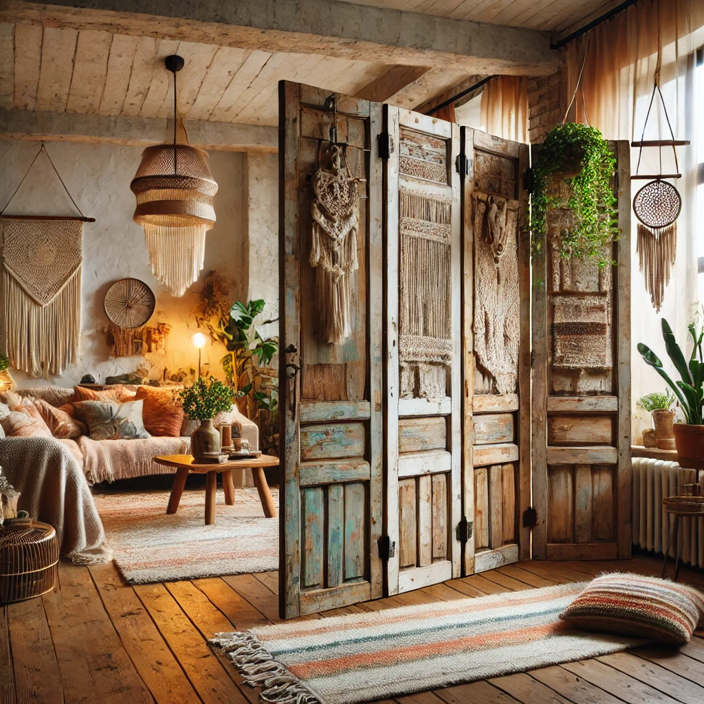 Rustikální dřevěné room divider s macramé dekoracemi a přírodními doplňky, boho styl, útulný obývací pokoj s zaměřením na bohémskou estetiku, teplé barvy a textury, ideální pro relaxaci a kreativní atmosféru.