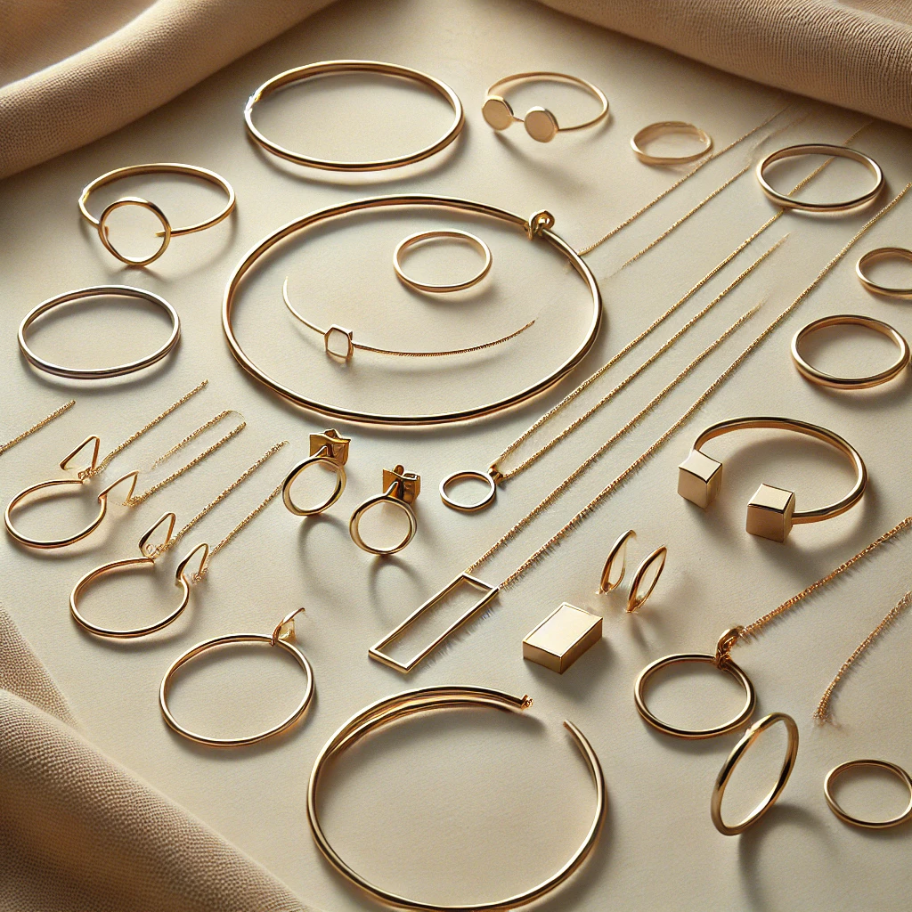 Elegantní displej minimalistických šperků, který obsahuje jemné zlaté nebo stříbrné řetízky s drobnými geometrickými přívěsky, hladké kruhové náušnice a decentní prstýnky. Každý kousek vyzařuje jednoduchost a sofistikovanost, s důrazem na čisté linie a precizní zpracování bez přebytečných ozdob. Neutrální a měkké pozadí podtrhuje jemnou a nenápadnou eleganci minimalistického stylu, zaměřeného na krásu v jednoduchosti.